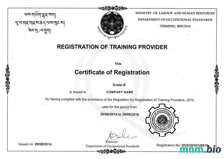 Bhutan certyfikat rejestracji Word i PDF szablon